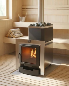 Печь для бани из нерж.сталь РУСЬ-12 ЛНЗП Профи Панорама (1.1) + дверка 16"/обрамления  Теплодар