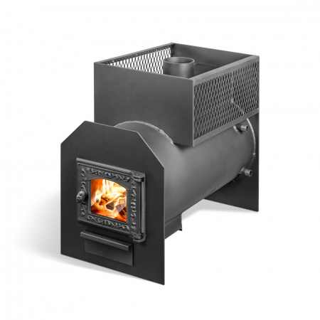 Печь банная из трубы, 6 мм Радуга 26 Б со стеклом, с теплообменником универсальным из нерж. стали