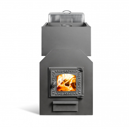 Печь банная из трубы, 6 мм Радуга 26 Б со стеклом, с теплообменником универсальным из нерж. стали