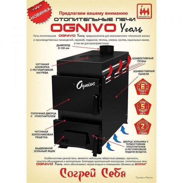 Отопительная печь Термокрафт Огниво-2 угольная с плитой