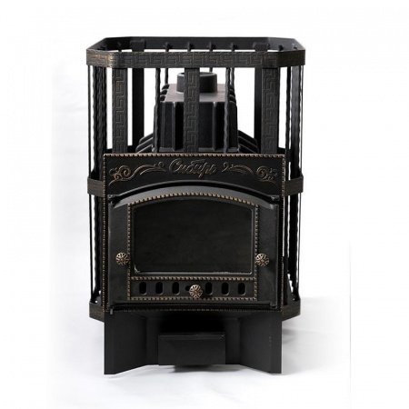 Печь для бани чугунная Сибирь 32, каминная дверца, кованная сетка