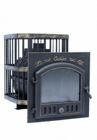 Печь для бани чугунная Сибирь 24, каминная дверца 545х545, кованная сетка