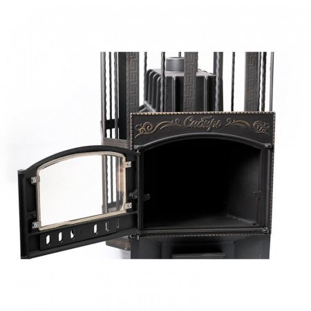 Печь для бани чугунная Сибирь 32, каминная дверца, кованная сетка