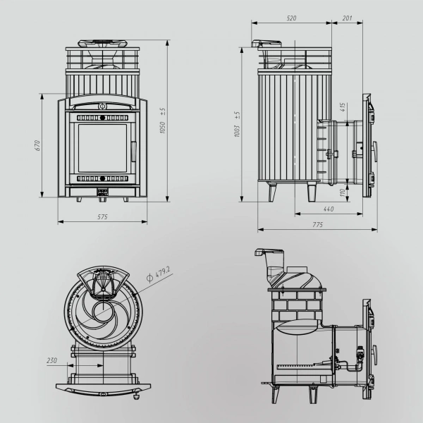 Печь чугунная "Атмосфера L" Талькохлорит ламель+сетка с газовой горелкой ПроМеталл