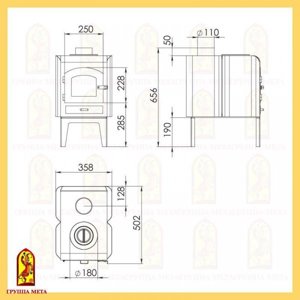 Буржуйка Мета Гном-3 с плитой, со стеклянной дверцей