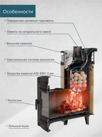 Печь чугунная "Атмосфера L" Окаменевшее дерево ламель+сетка ПроМеталл