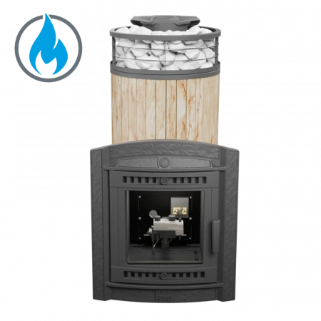 Печь чугунная "Атмосфера XL" Окаменевшее дерево ламель+сетка с газовой горелкой ПроМеталл