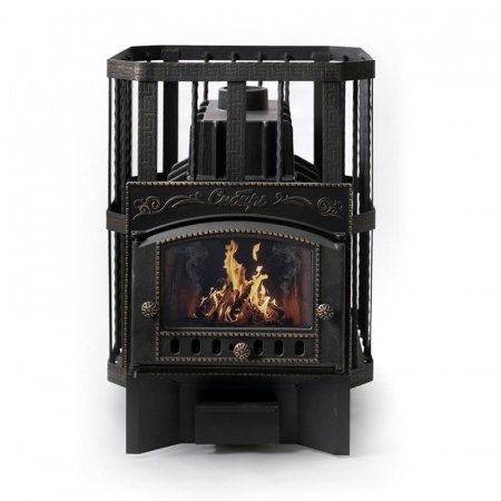 Печь для бани чугунная Сибирь 32, каминная дверца, кованная сетка