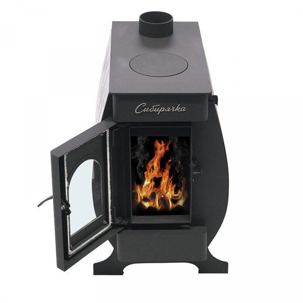 Отопительная печь Сибирячка 6 с плитой и со стеклом, нержавеющий кожух