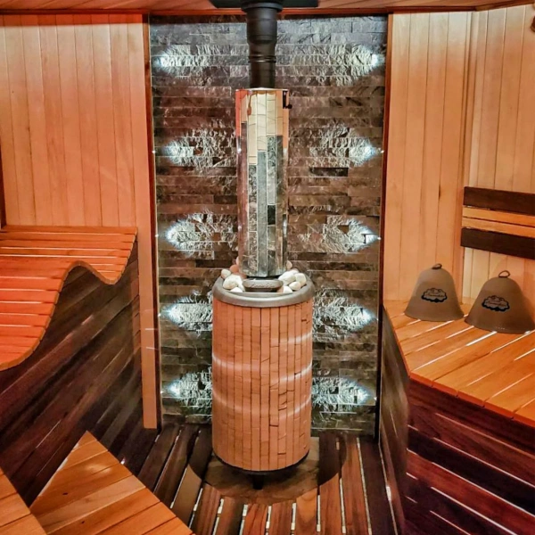 Печь чугунная "Атмосфера XL" в ламелях "Окаменевшее дерево" ПроМеталл