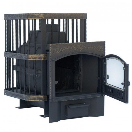 Печь для бани чугунная Сибирь 24, каминная дверца, кованная сетка
