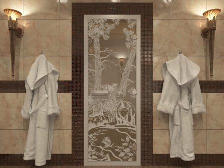 Дверь в Хамамм «Мишки в лесу» бронза прозрачная 1900х700  Ольха, с порогом