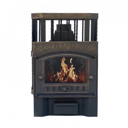 Печь для бани чугунная Сибирь 24, каминная дверца, кованная сетка