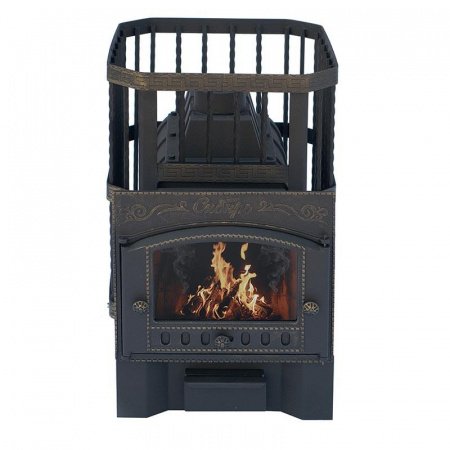 Печь для бани чугунная Сибирь 24, каминная дверца, кованная сетка